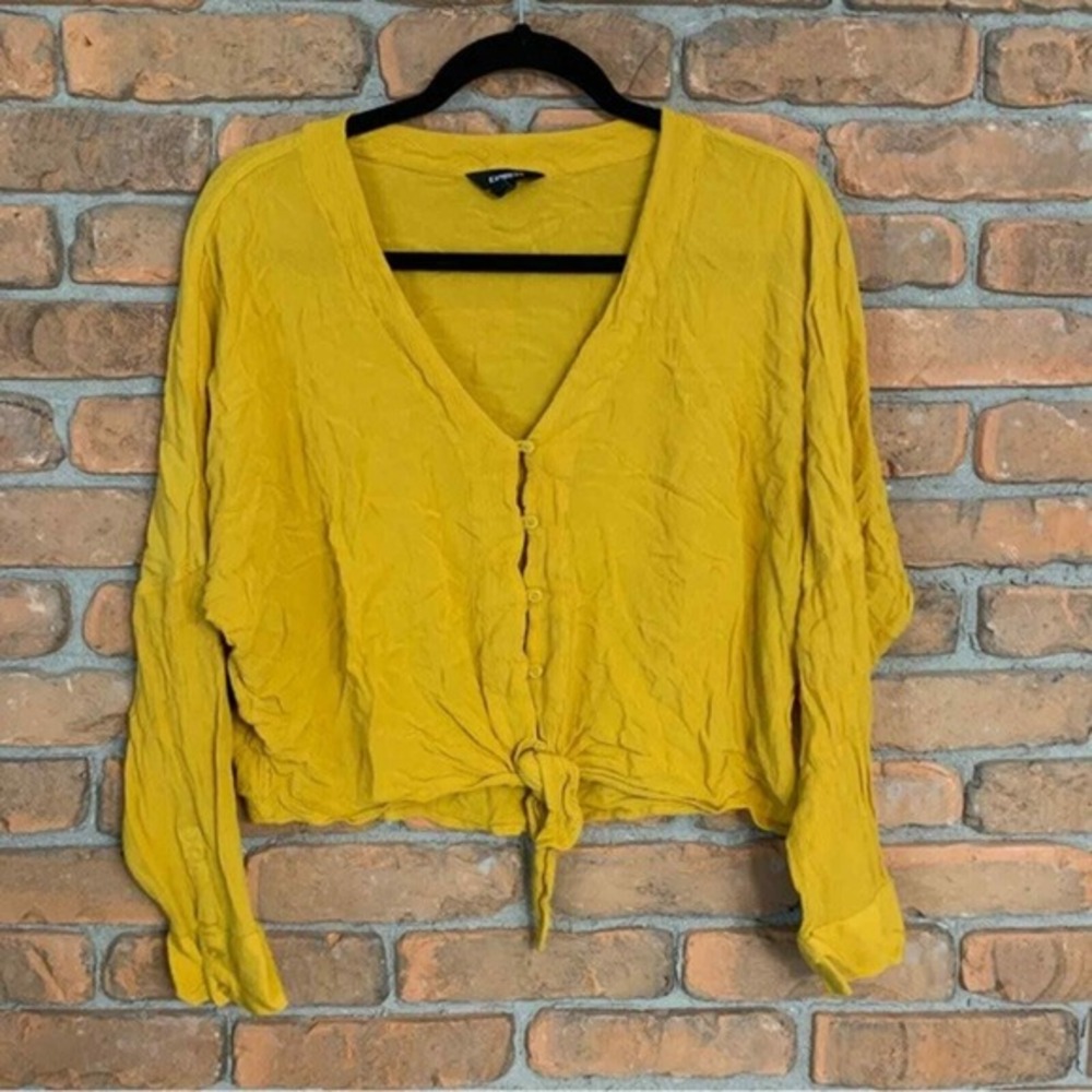 Express Tie Front Top Womens Size Small Yellow Button Down Blouse Long Sleeve